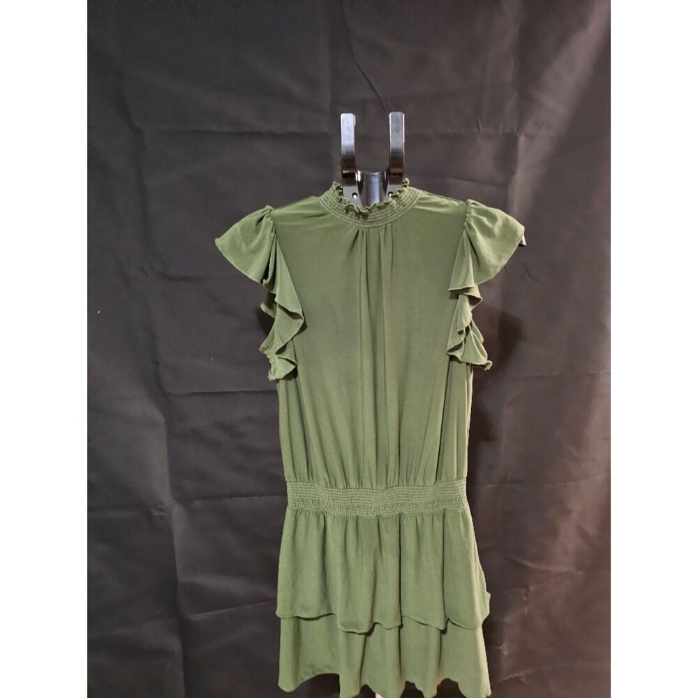 1.STATE Ruffled Smocked Mock-Neck Mini Dress – Olive Green (Size Small)